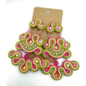 Soutache Pink & Green Beautiful Rhinestone Earrings